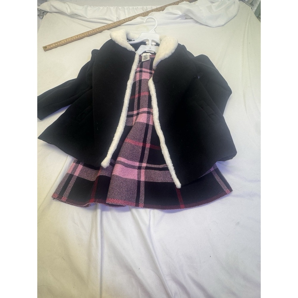 Max Studio Girl 2 Pc Black Dress Coat/Black Pink Plaid Sweater Dress Size 5-6 - Picture 2 of 5